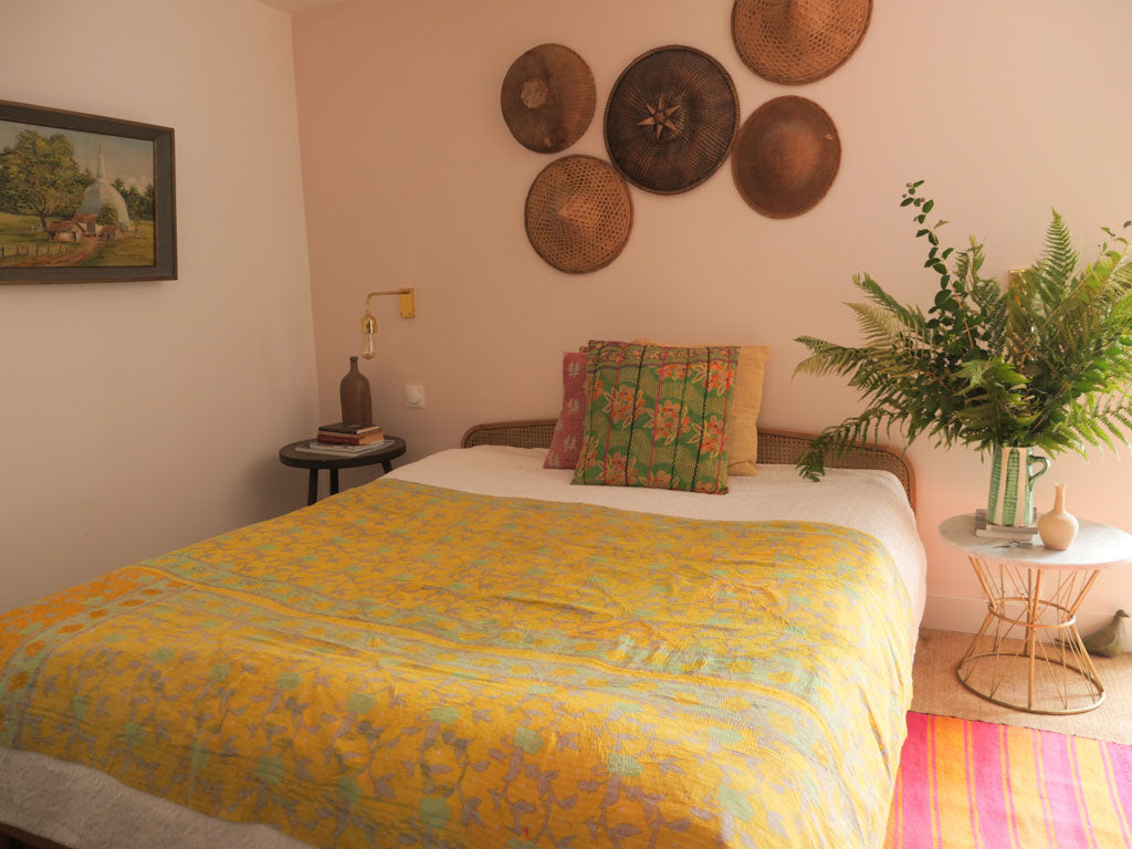 Couvre-lit Kantha Vintage en Coton Recyclé: Yellow Rose