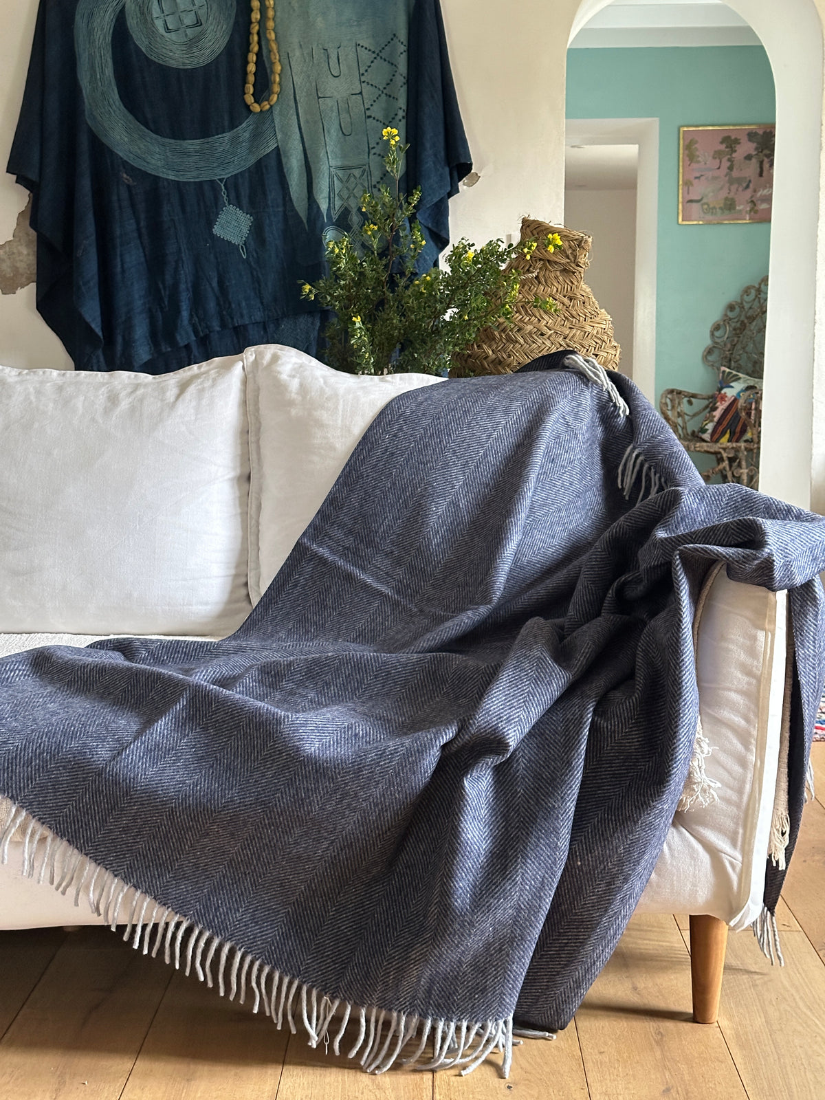 NEW Plaid en 100% Laine Tissé à la Main : Navy