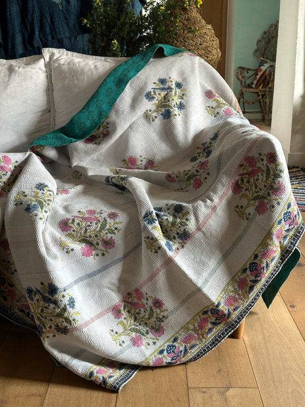 Vintage Block Printed Kantha Cornflower birds