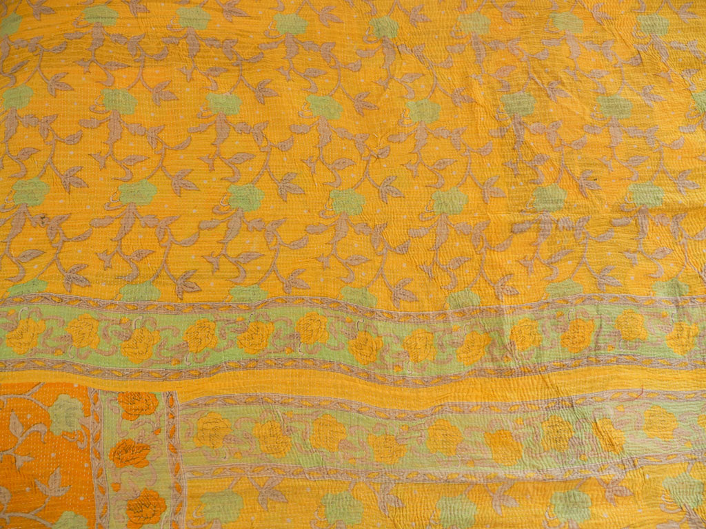 Couvre-lit Kantha Vintage en Coton Recyclé: Yellow Rose