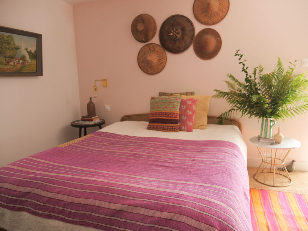 Couvre-lit Kantha Vintage en Coton Recyclé: Violet Cottage