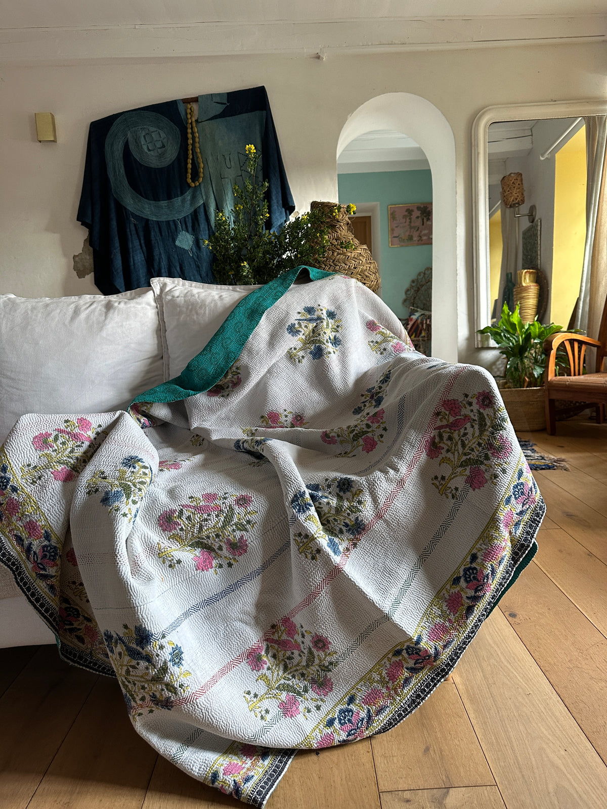 Vintage Block Printed Kantha Cornflower birds