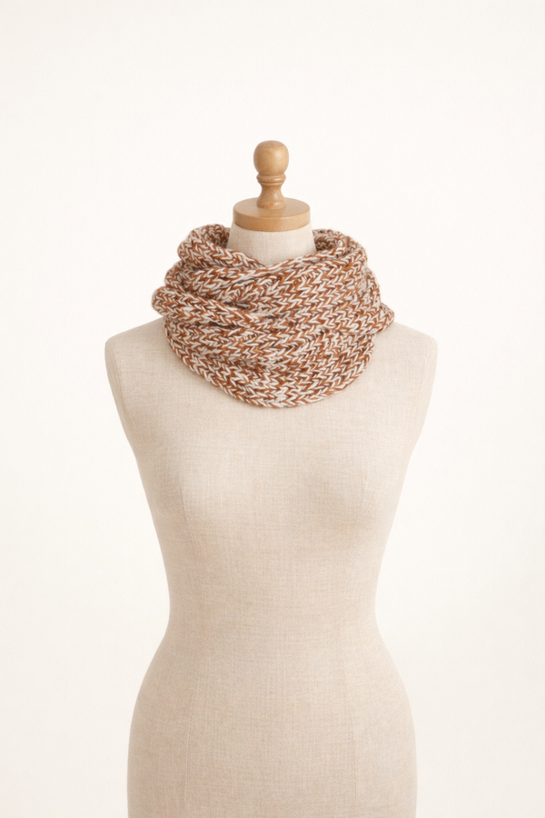 Snood ou écharpe tube tricotée à la main. Châtaigne Marl.
