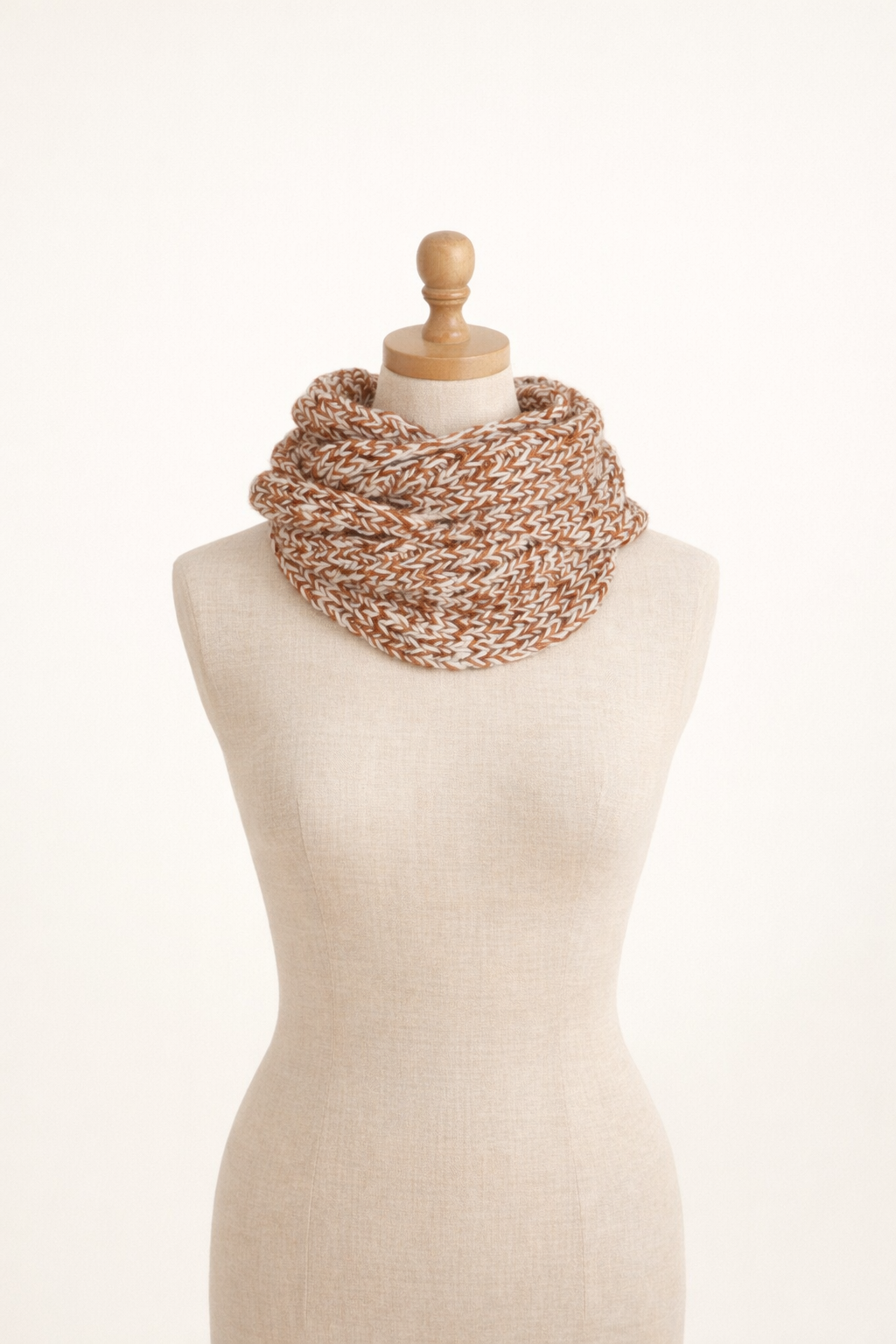 Snood ou écharpe tube tricotée à la main. Châtaigne Marl.
