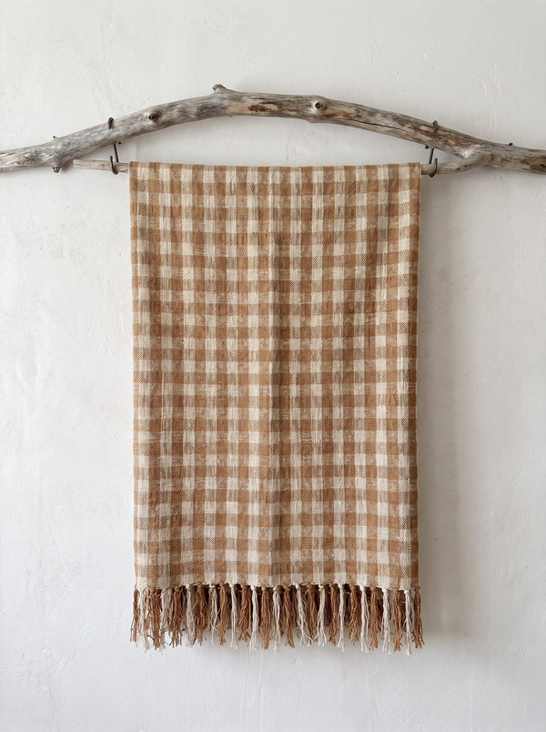Plaid Artisanal à Carreaux Beige et Écru en Coton Tissé Main. 160 x 240 cm