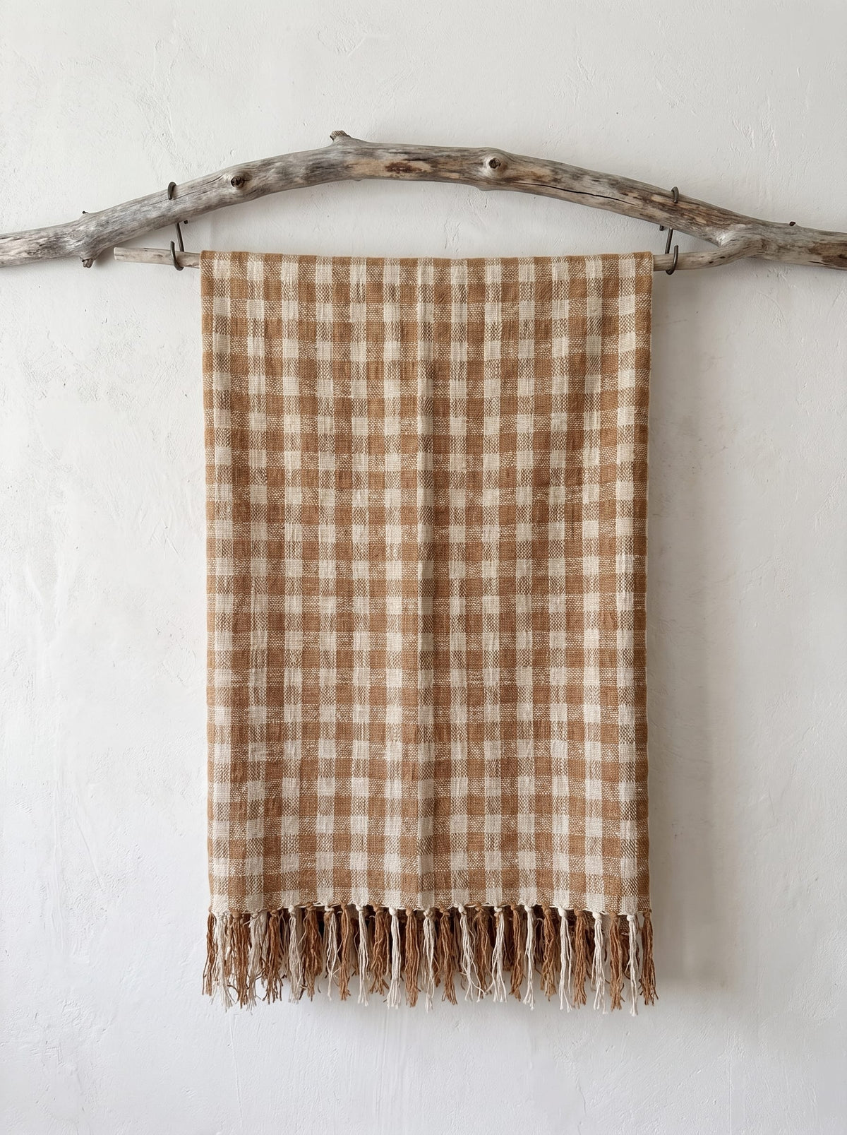 Plaid Artisanal à Carreaux Beige et Écru en Coton Tissé Main. 160 x 240 cm