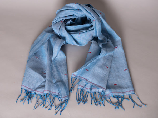 Chale Dupatta Oiseau Bleu, Tissé Main, Coton Doux et Fin 