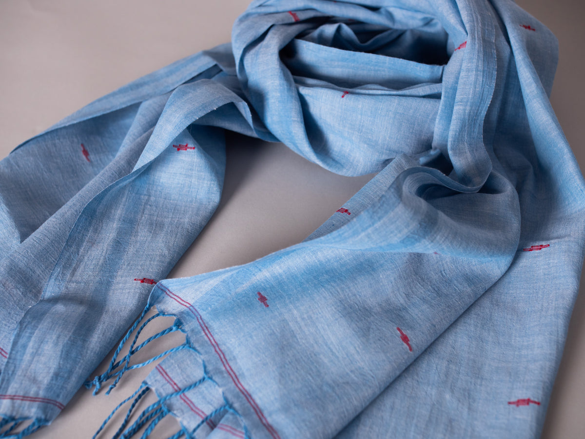 Chale Dupatta Oiseau Bleu, Tissé Main, Coton Doux et Fin 