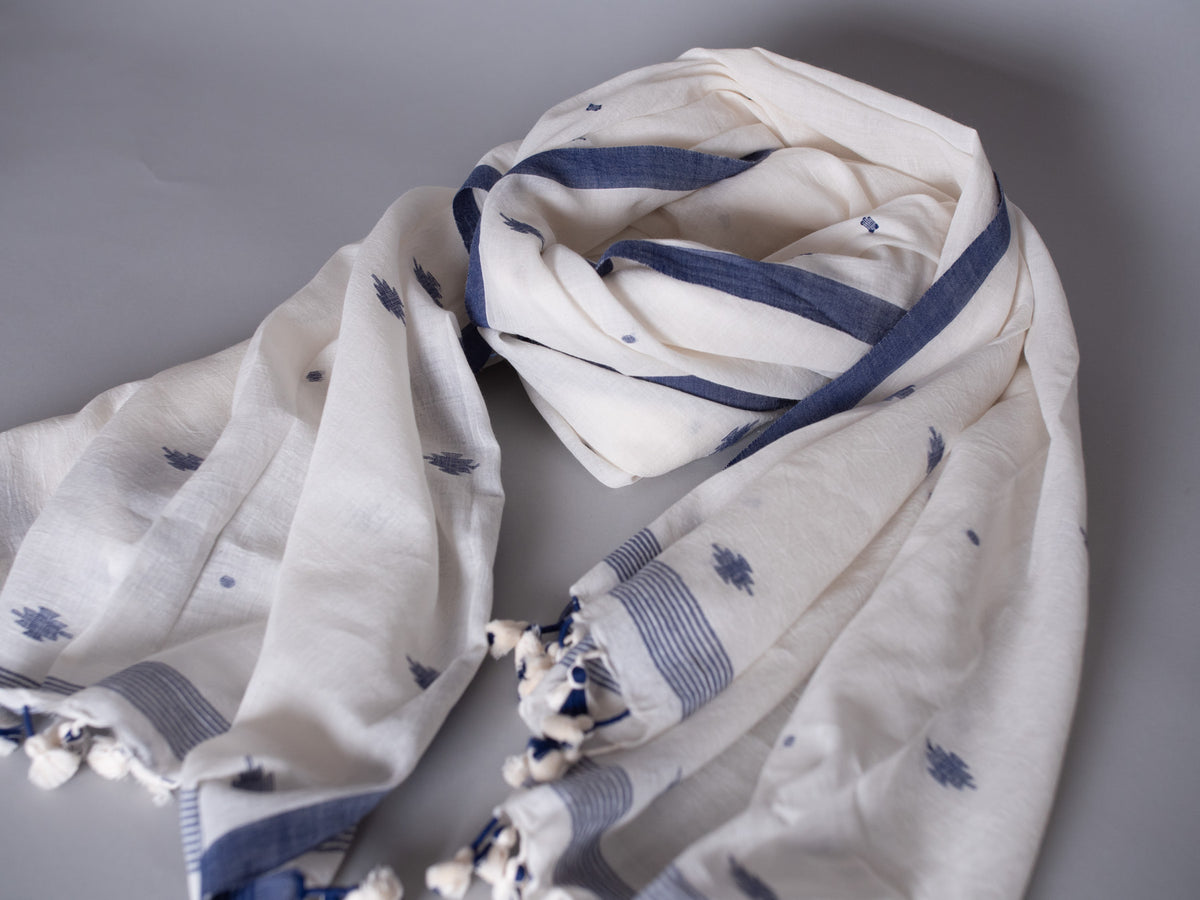 Chale Dupatta Oiseau Bleu, Tissé Main, Coton Doux et Fin 