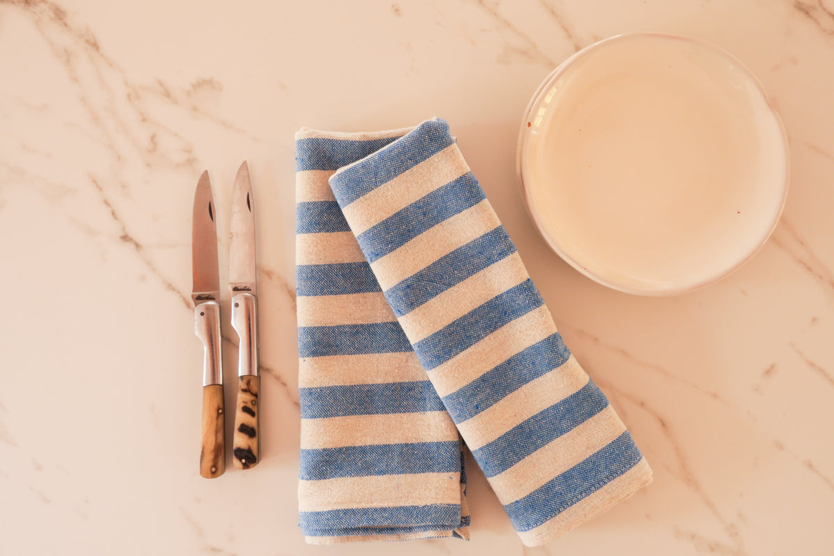Torchon ou serviette en coton tissé main, bleu et ecru