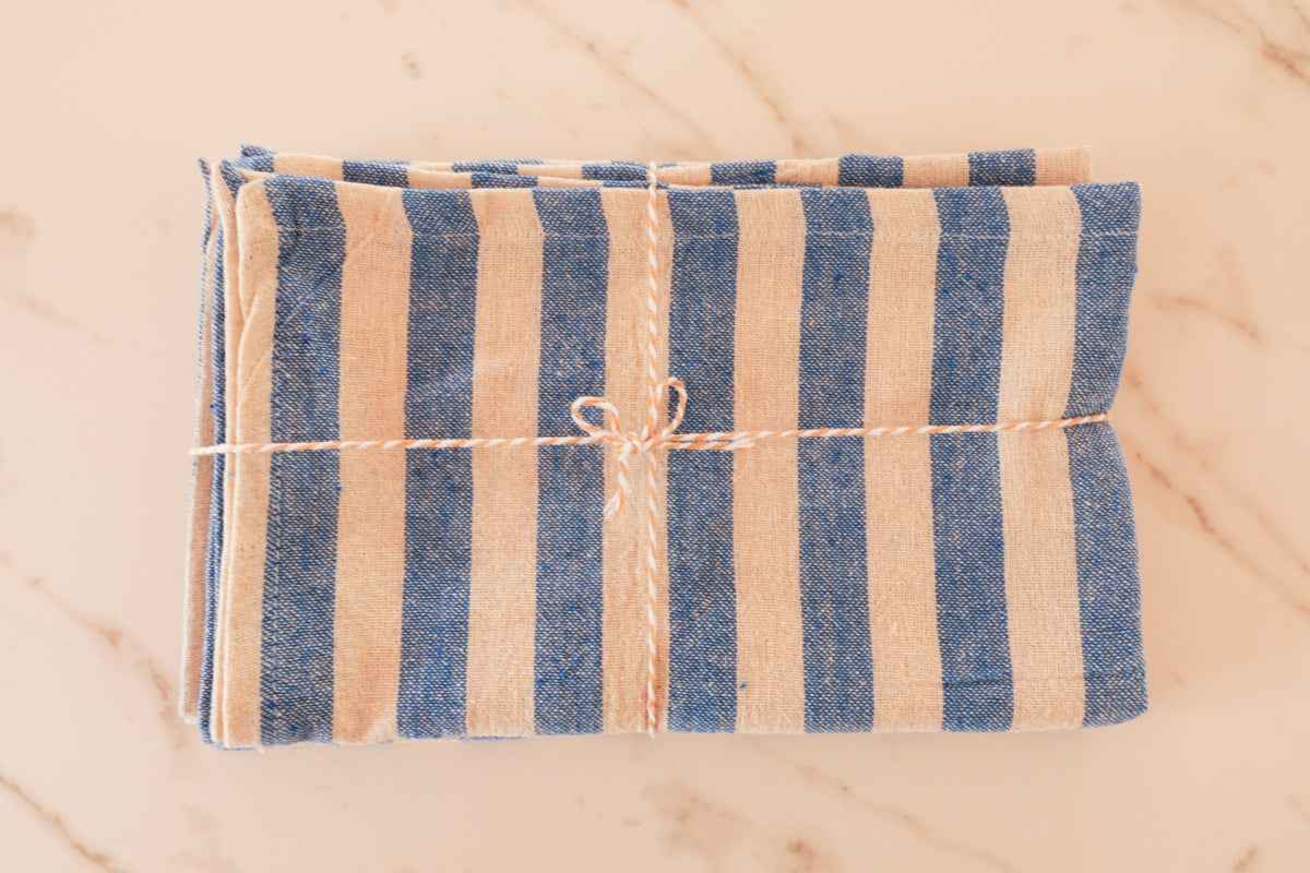 Torchon ou serviette en coton tissé main, bleu et ecru