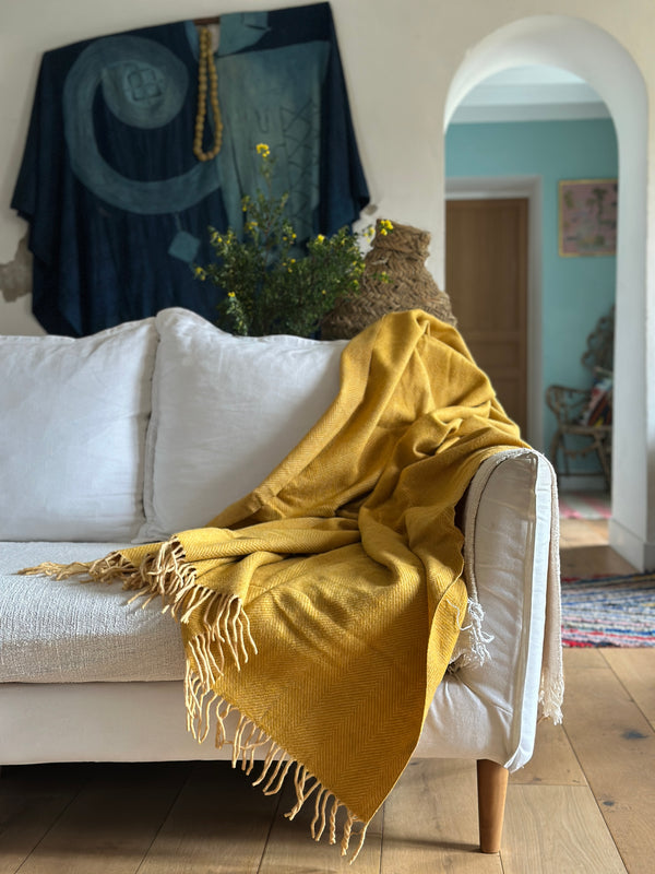 NEW Plaid en 100% Laine Tissé à la Main : Jaune