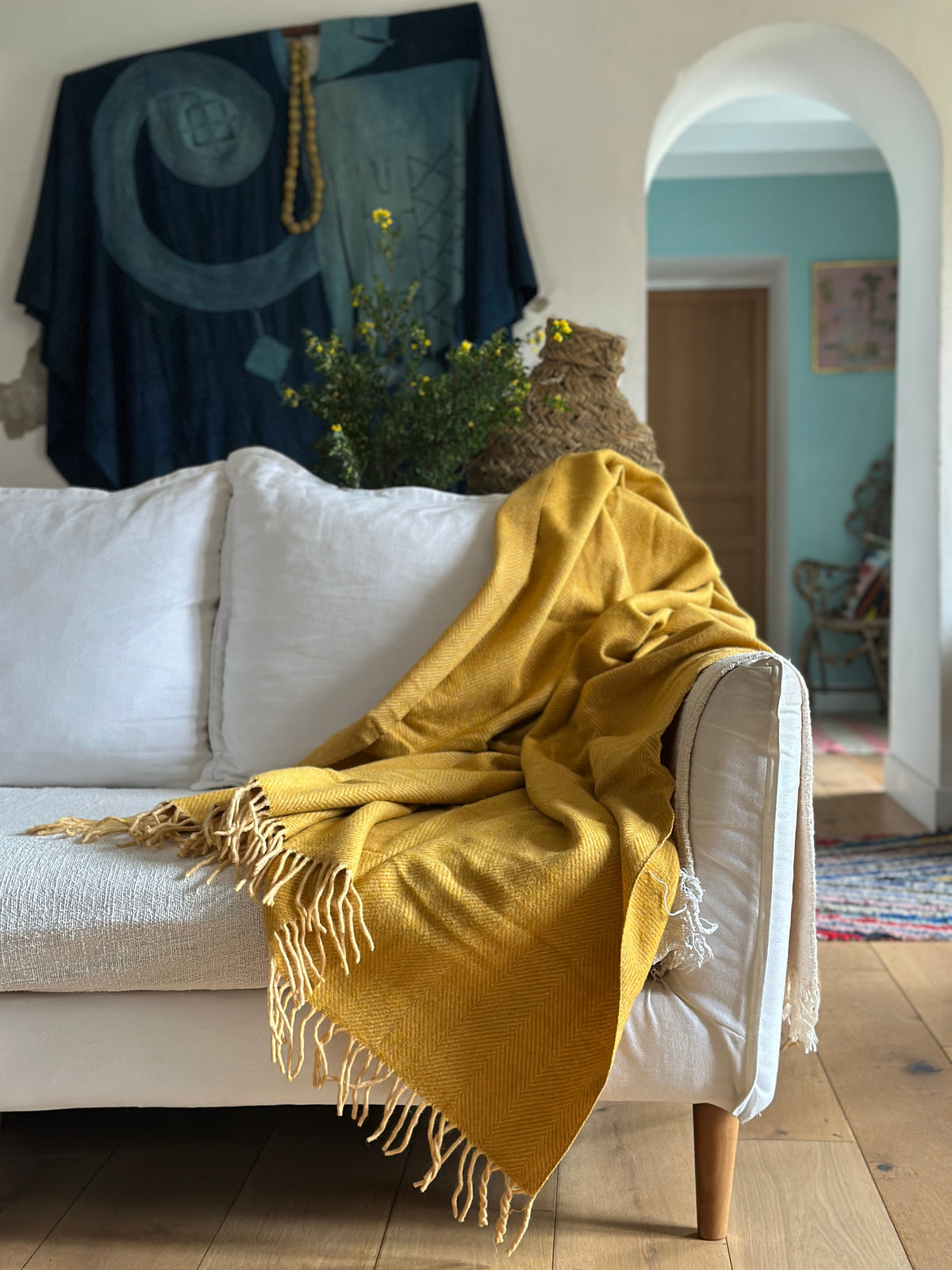 NEW Plaid en 100% Laine Tissé à la Main : Jaune