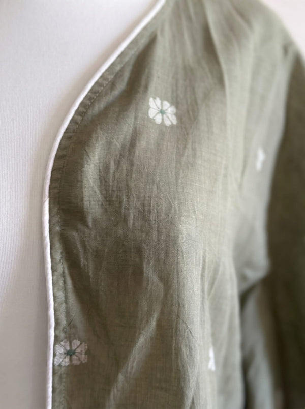 Jamdani Robe Kaki, Tissé Main,  Dawn Daisy