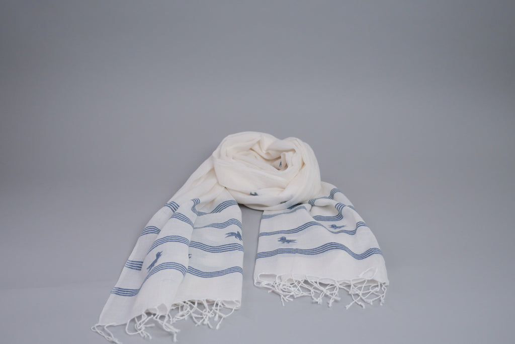 Chale Dupatta Oiseau Bleu, Tissé Main, Coton Doux et Fin 