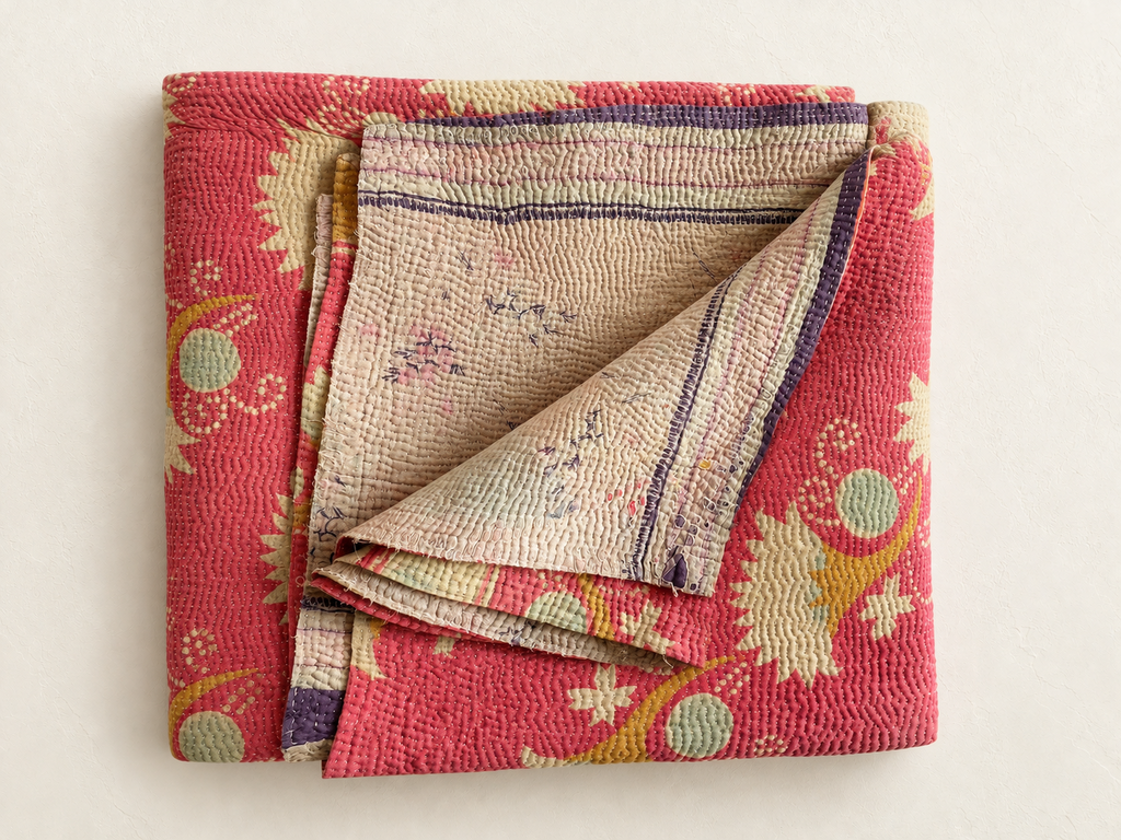 Pink vintage kantha with violet reverse side.