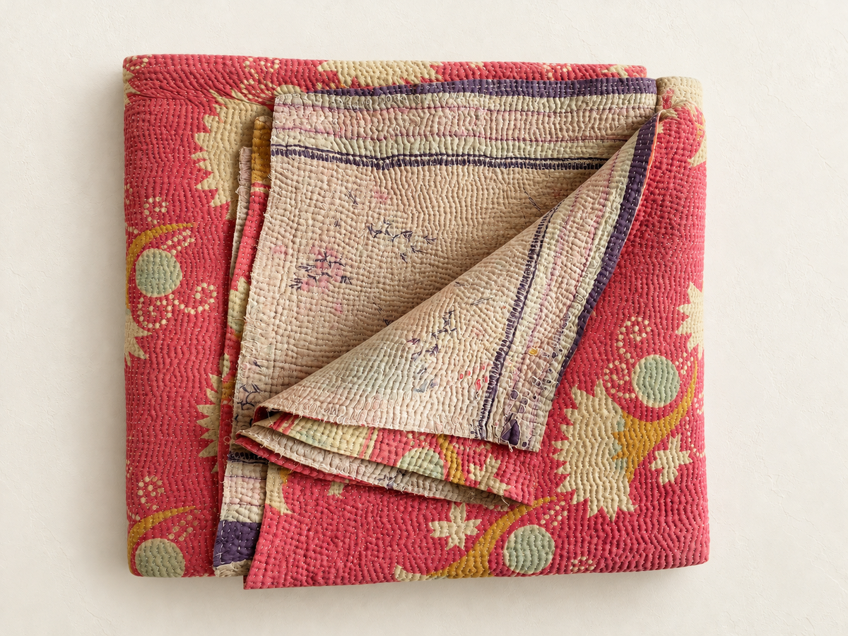 Pink vintage kantha with violet reverse side.