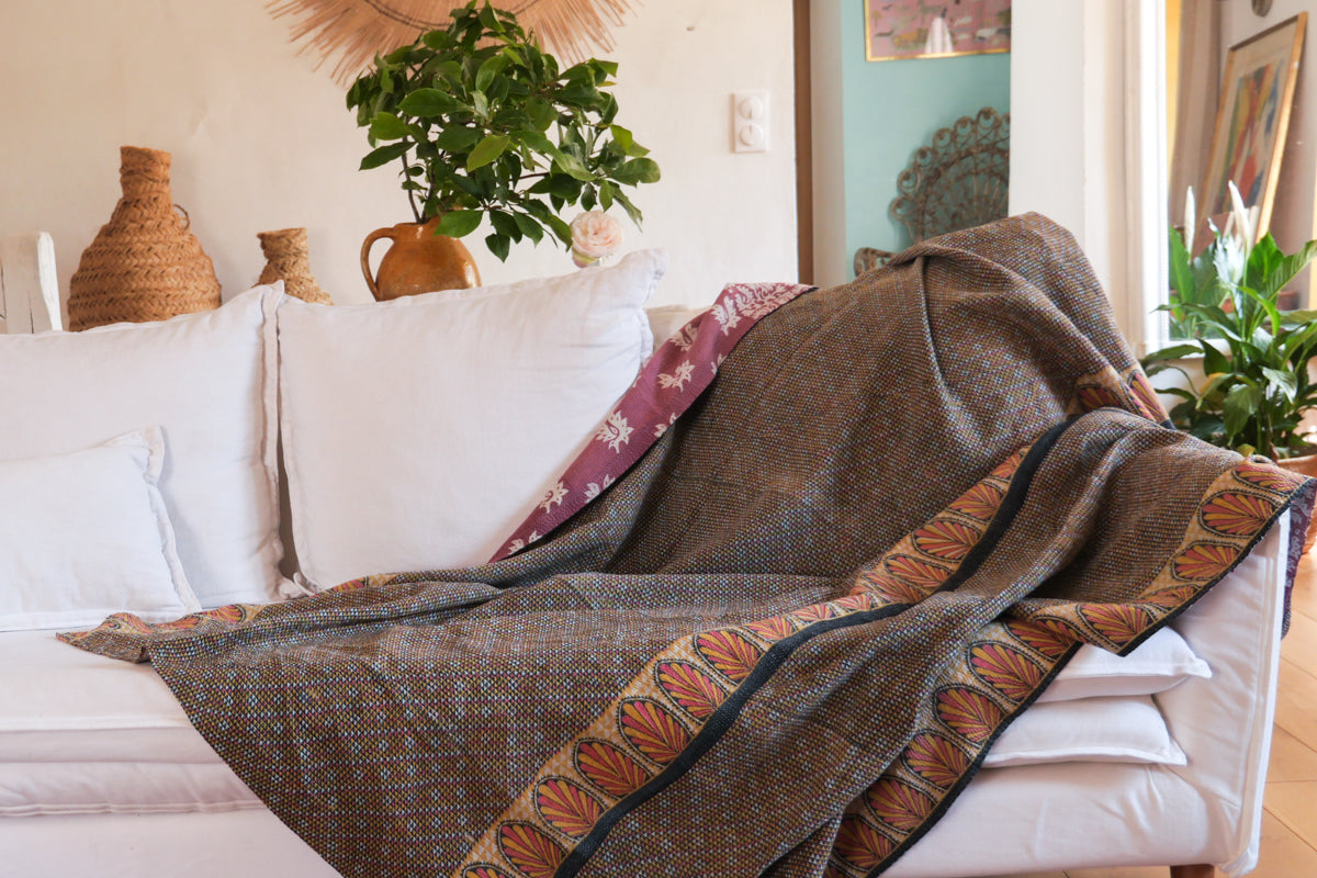 Vintage Kantha "Heather & Wine" couvre lit bleu et violet