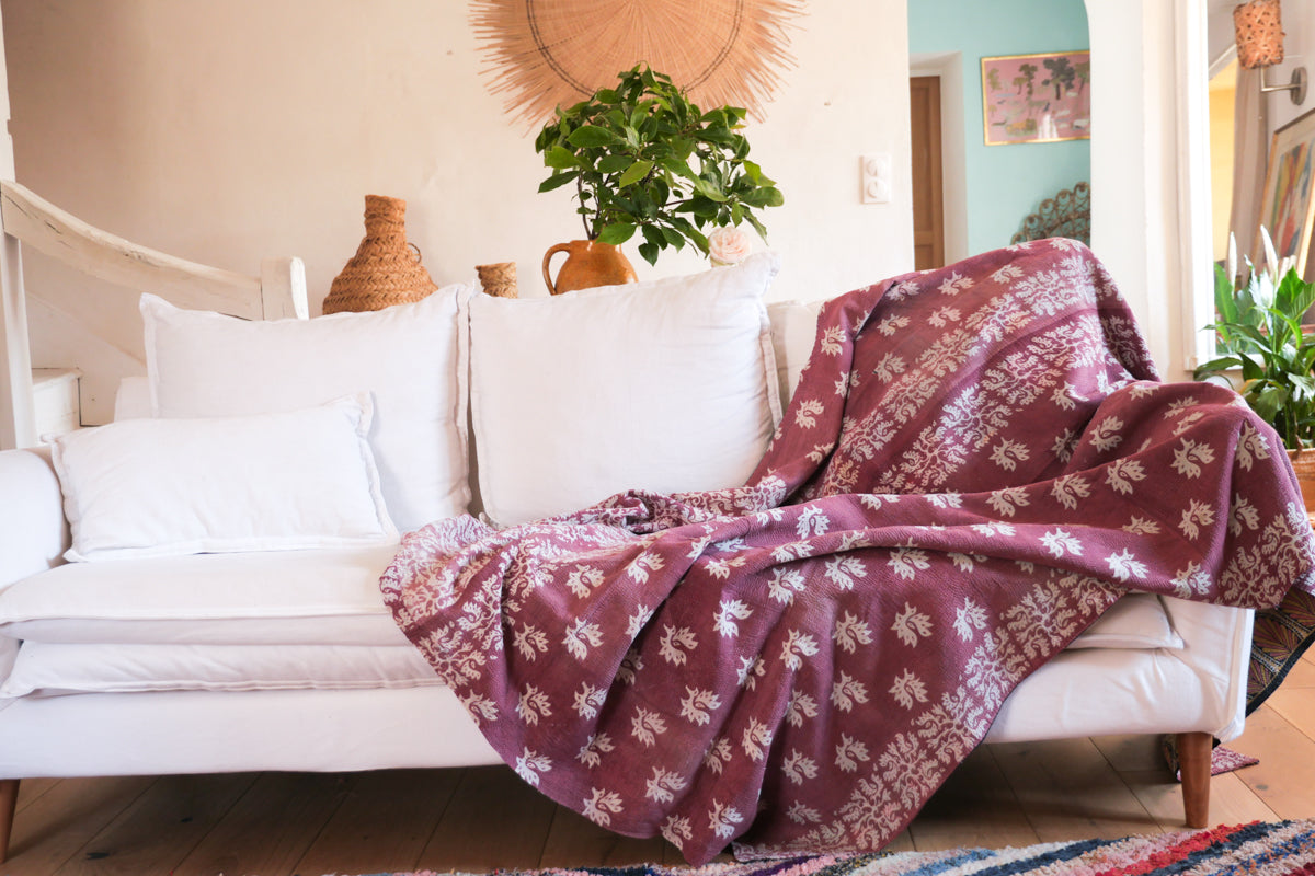 Vintage Kantha "Heather & Wine" couvre lit bleu et violet