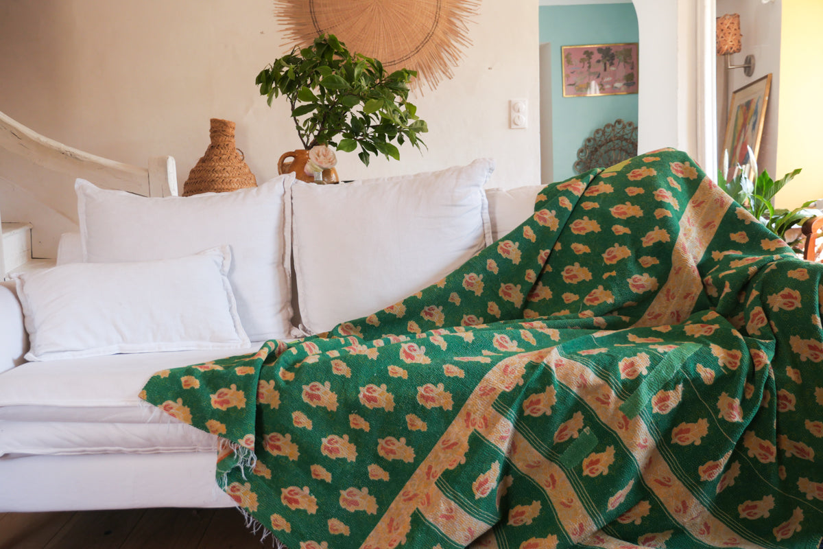 Vintage Kantha couvre lit vert printemps