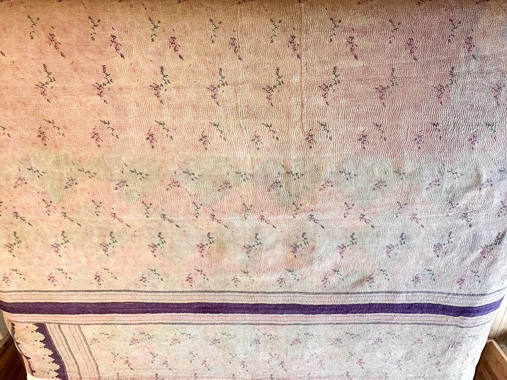 Couvre-lit Kantha Vintage en Coton Recyclé: Pink Garden Party