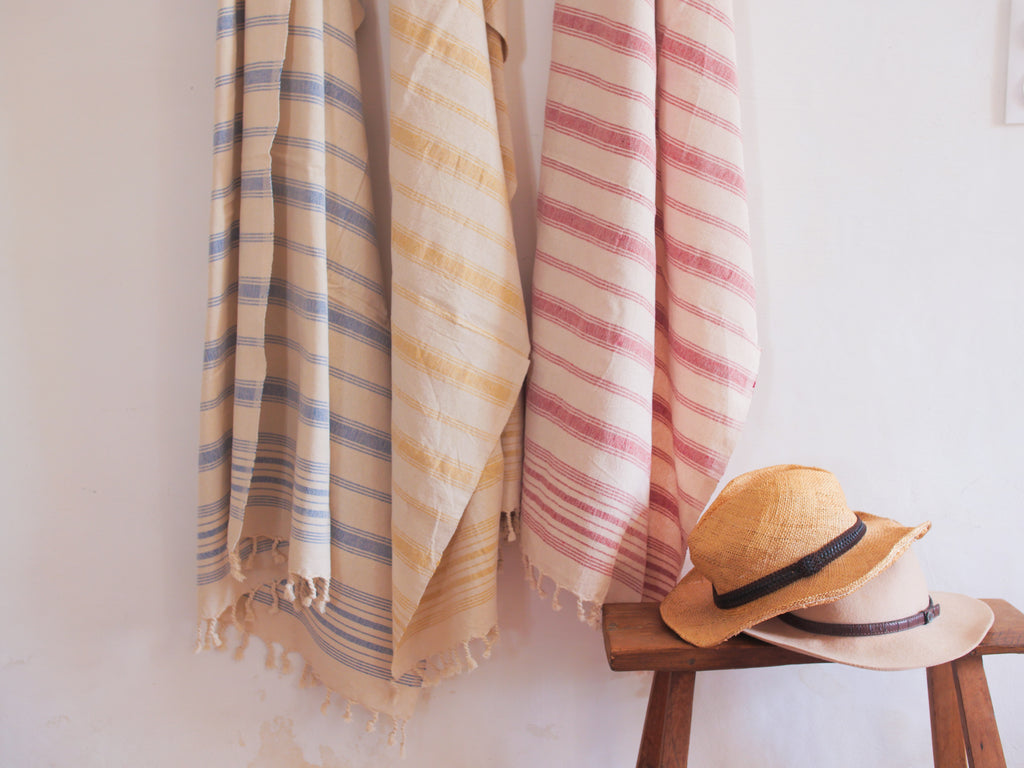 Serviette Tissé main : Coton Rayures Jaune "sable"