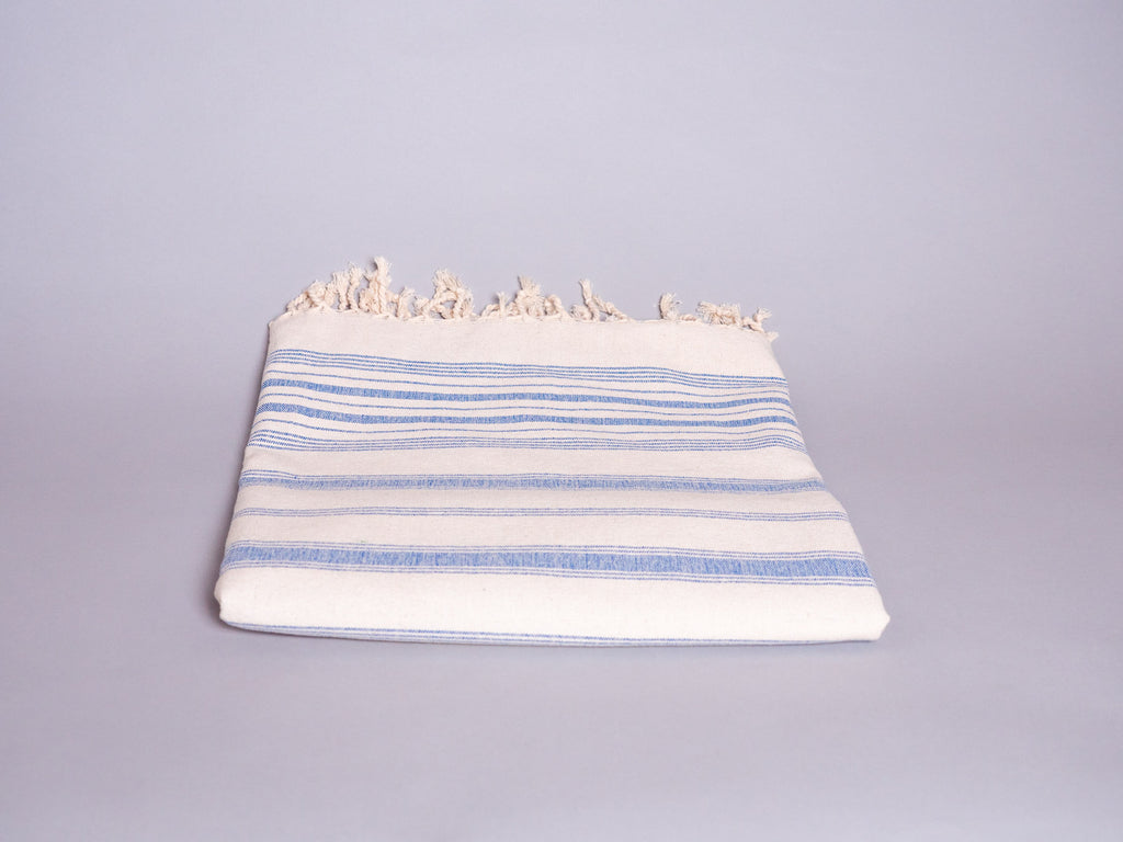 Serviette Tissé main : Coton Rayures Bleu Ciel