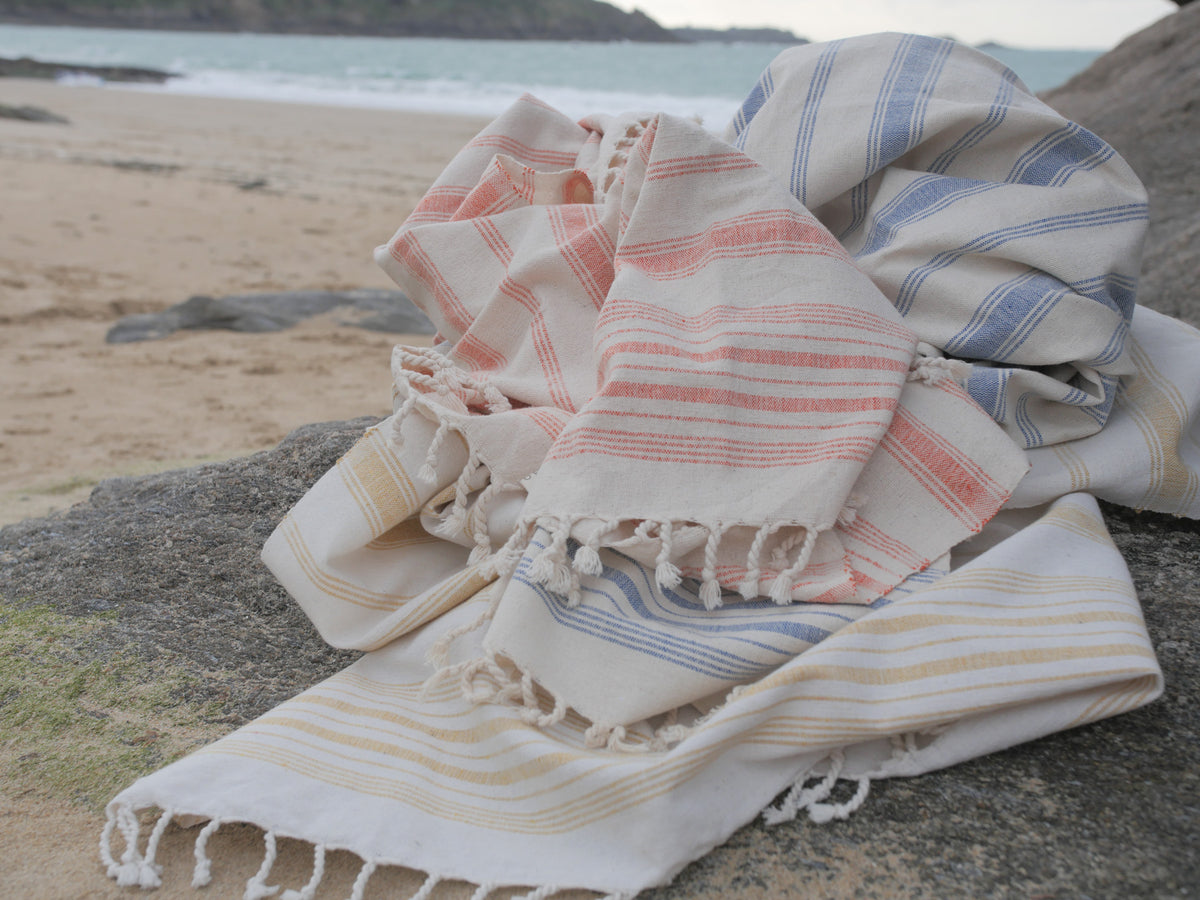 Serviette Tissé main : Coton Rayures "cassis"