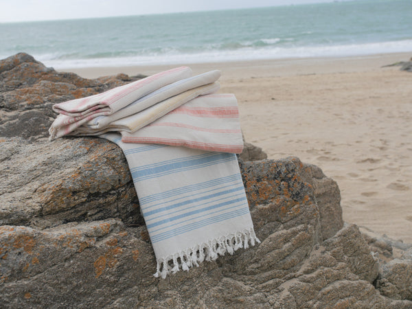 Serviette Tissé main : Coton Rayures Bleu Ciel