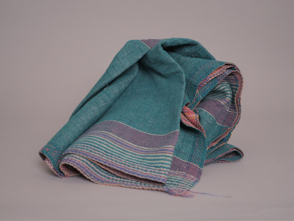 Vintage Kantha Couvre Lit Turquoise