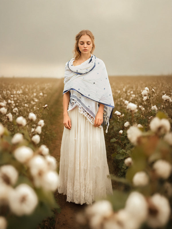 Chale Dupatta Blanc Bleu Buti
