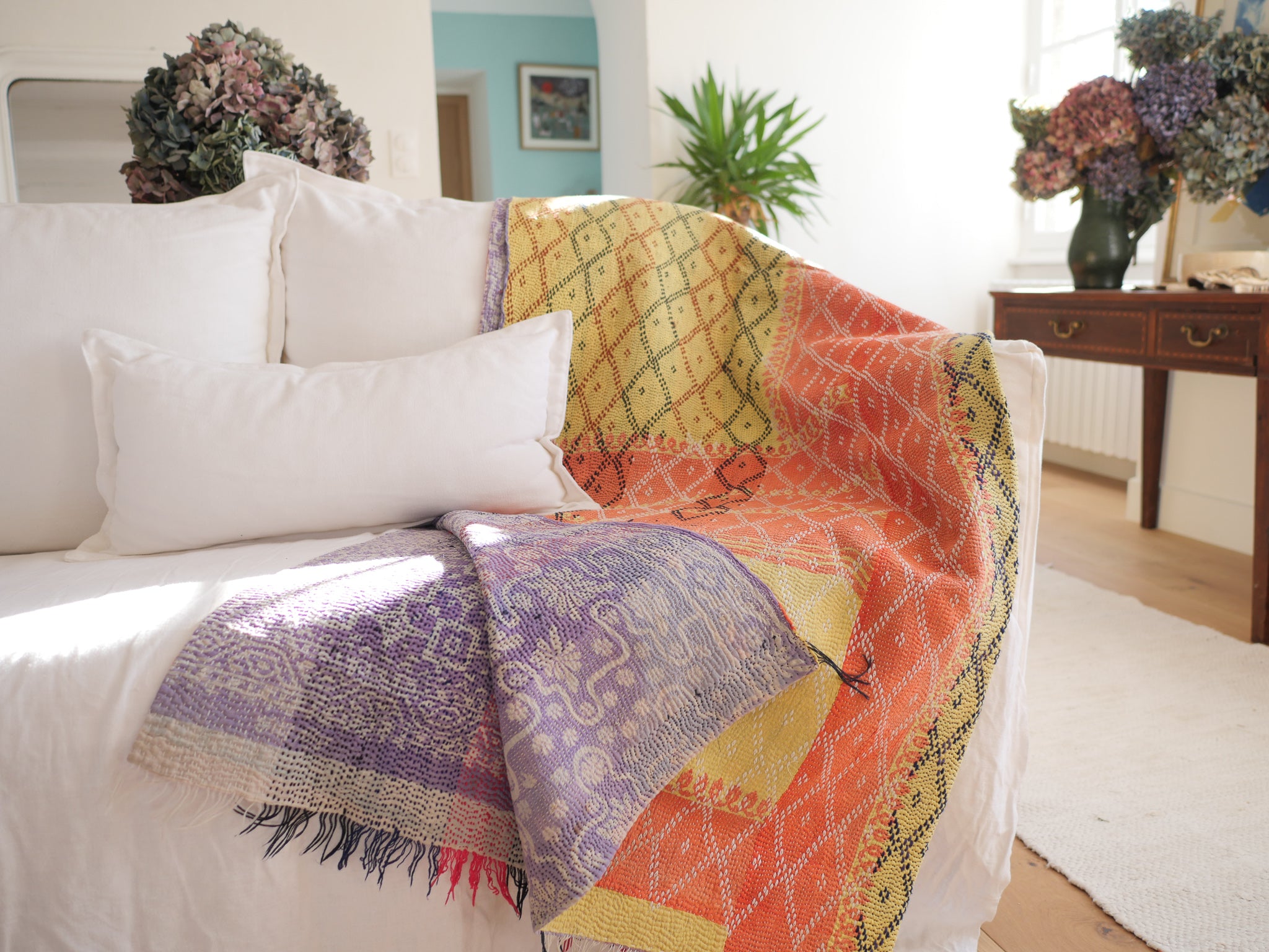 Kantha sari couvre-lit  No.57 "Summer Palace”,  coton recyclé brodé à la main Image secondaire du produit