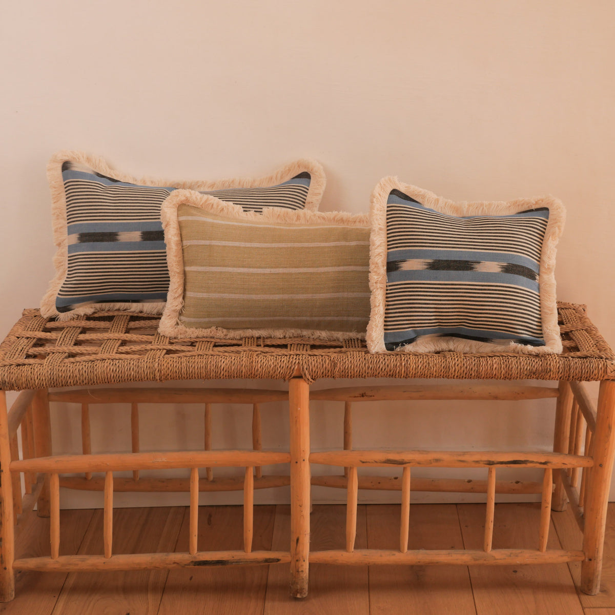 Coussin en coton tissé à la main, bordé d'une frange duveteuse et doublé de lin irlandais. Image principale du produit