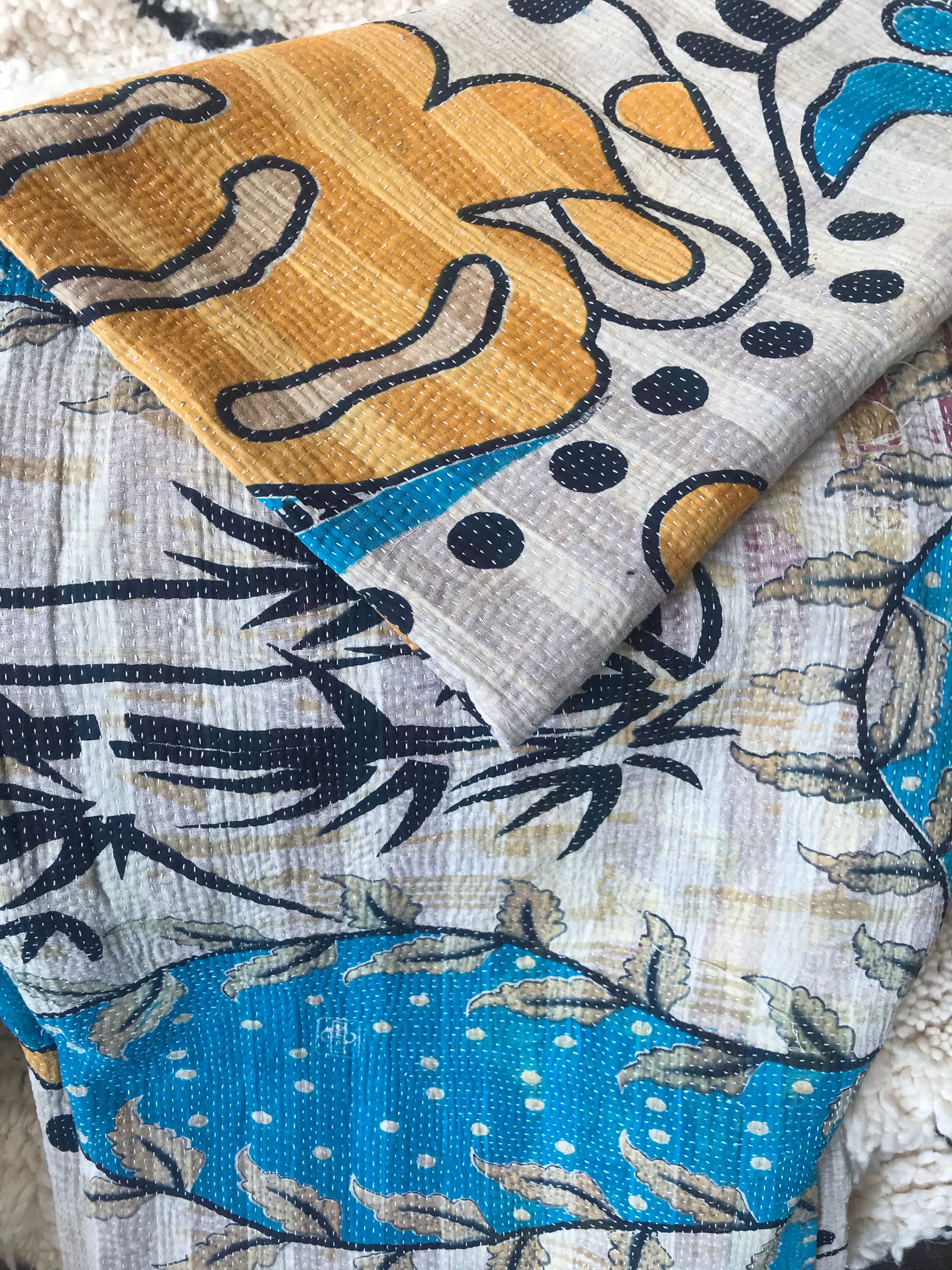 Kantha sari couvre-lit, coton recyclé brodé à la main