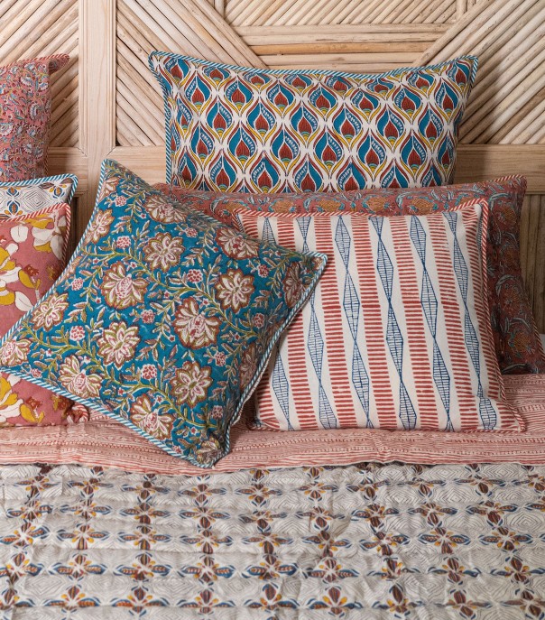 Coussin Pankha Bleu blockprint