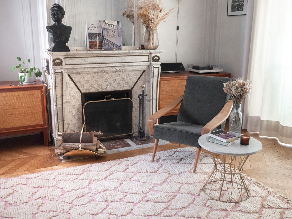 Tapis berbère tissé et noué blanc et rose pur laine, tissé main 240 x 170cm
